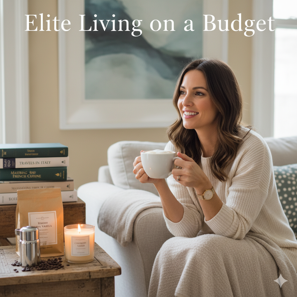   A smiling woman enjoying a cup of coffee in a cozy, tastefully decorated living room, embodying Elite Living on a Budget with elegant home decor and a relaxed atmosphere.