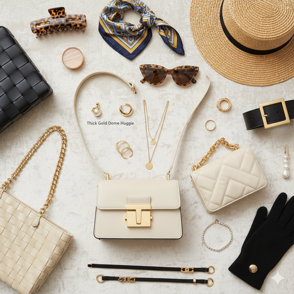 An overhead shot displaying a curated selection of over 20 Amazon Accessories Under $20, ranging from elegant gold-plated necklaces, rings, and earrings to designer-style handbags, fashionable sunglasses, hair clips, and belts, all designed to achieve a sophisticated and expensive aesthetic.