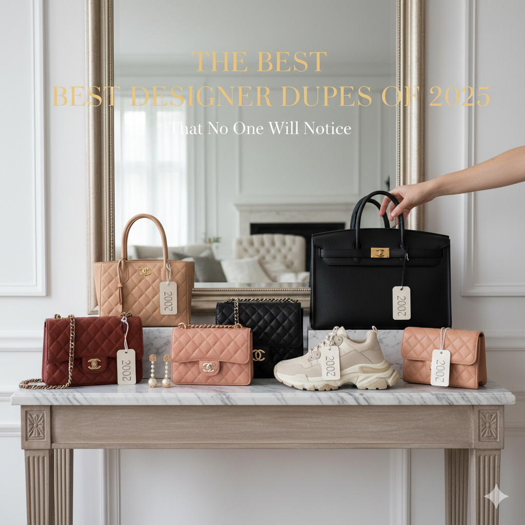 A curated display of several designer dupes arranged on a marble console table in front of a large mirror. The collection, which promotes the text "THE BEST DESIGNER DUPES OF 2025 That No One Will Notice," includes various luxury-style handbags and a pair of chunky sneakers in shades of black, tan, and blush pink. A hand reaches in from the right to hold the handle of a large black top-handle bag, and all items feature a white tag with the number '2002' written on it.