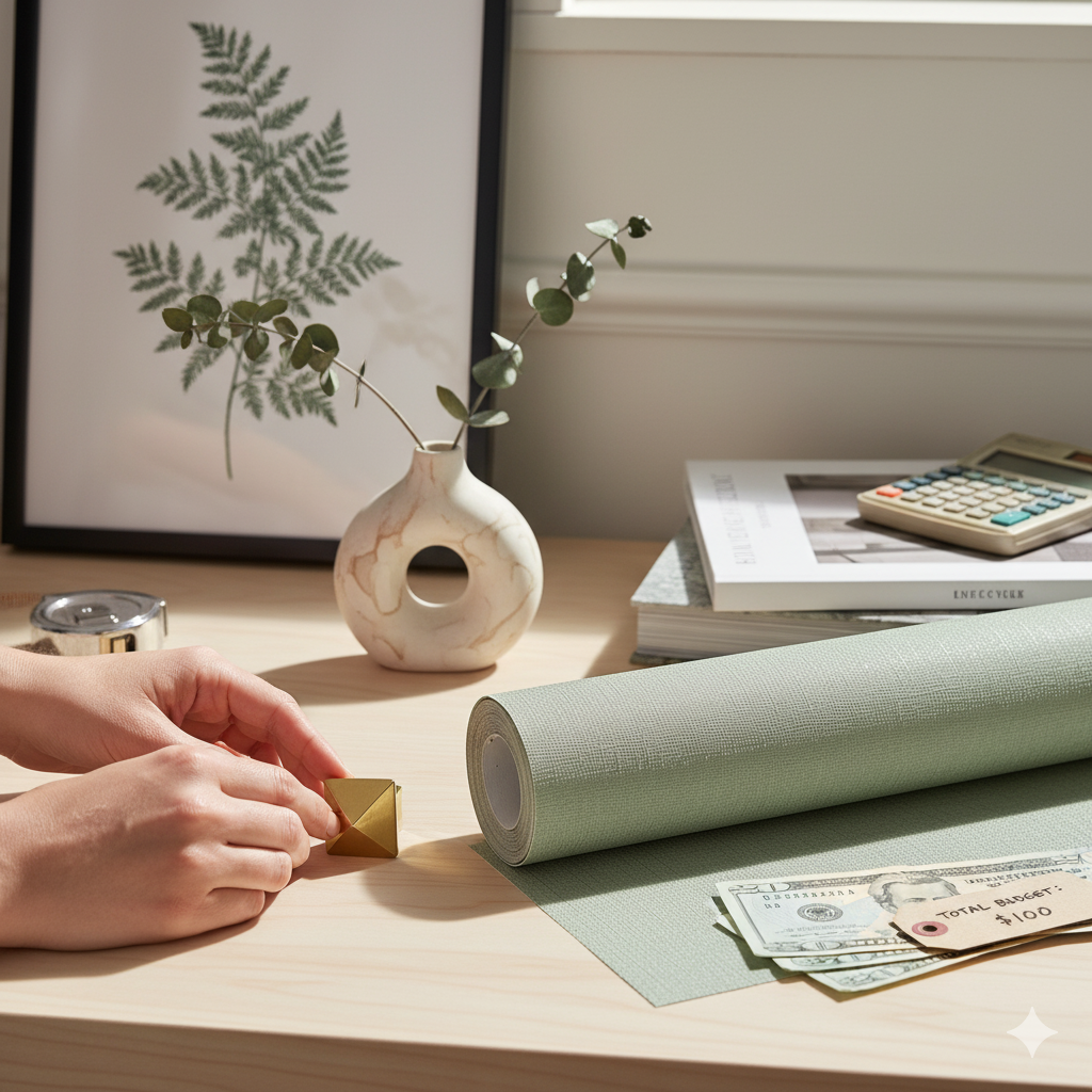 Tracking Your Spending and budget for a $100 makeover: hands hold a gold hardware pull next to a roll of peel-and-stick wallpaper, money labeled "$100 Total Budget," and a calculator.