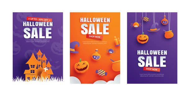 Three vibrant Halloween Sale banner graphics featuring paper-cut style decorations like a haunted house, pumpkins, potions, and a witch's hat, perfect for advertising **Halloween Clearance Deals