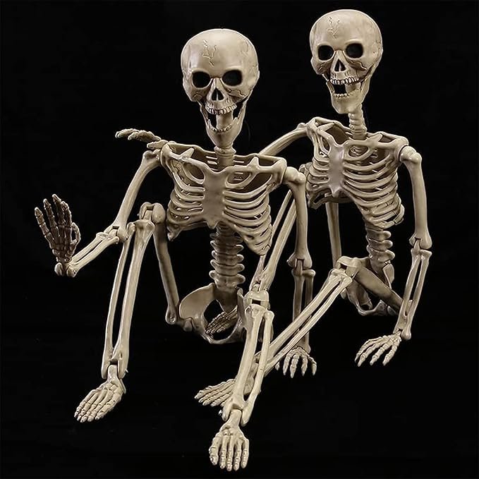 Close-up of two small, beige, articulated plastic Halloween skeletons sitting against a plain black background.